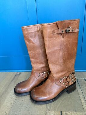 Sam Edelman Circus NY Tan Leather Mid-Calf Harness Boots